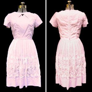 VTG 60s Petal Pink Pleated Cotton Dress Party Prom SM Floral Embroidery & Tulle